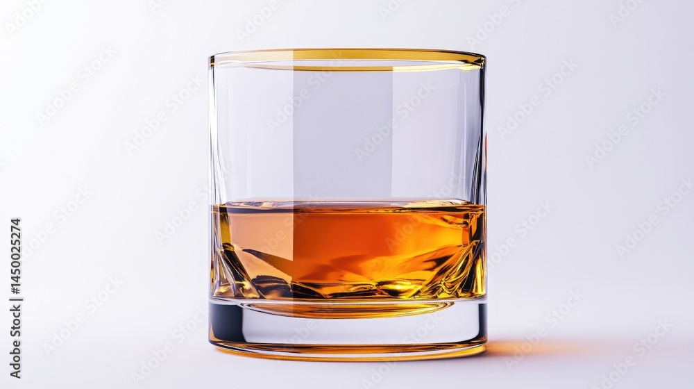High-resolution macro of a polished gold-rimmed whiskey glass with a thick base, crisp reflections on an immaculately white background. High-resolution macro of a polished gold-rimmed whiskey glass with a thick base, crisp reflections on an immaculately white background.