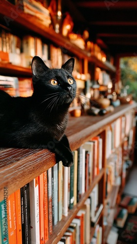 Black cat resting on wooden bookshelf filled with books
