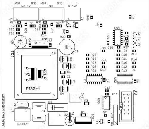 Placement of components of radio elements (contact
pads and seats) on printed circuit
board of electronic device.
Vector engineering 
drawing of pcb. Electric background. 
Computer technic cad design.