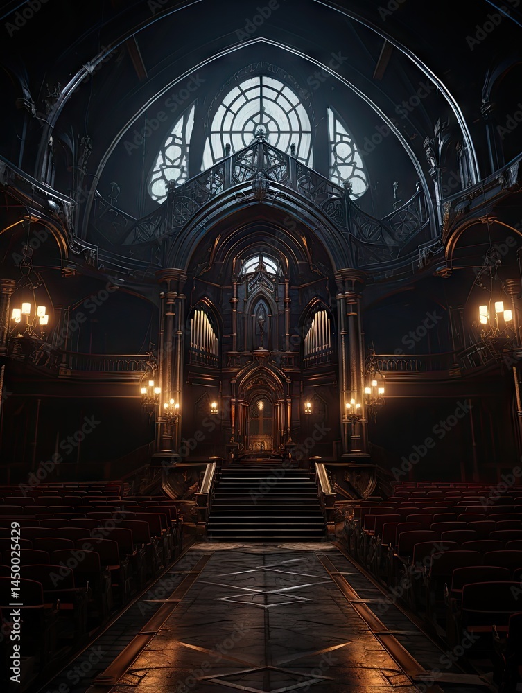 Obraz premium Interior view of a gothic cathedral with arched windows and ornate architecture and rows of seating area