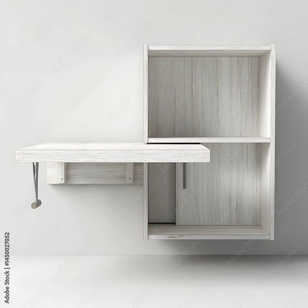 Fototapeta premium Stylish White Wooden Wall Shelf with Fold-Down Table and Sliding Door. This modern design is perfect for small spaces.