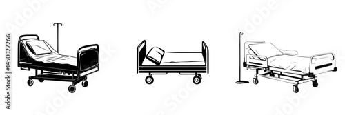 Hospital beds in various configurations in a medical facility during daylight hours