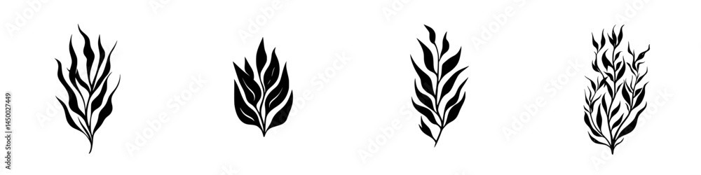Black and white botanical illustrations of abstract leaves arranged in a harmonious layout Black and white botanical illustrations of abstract leaves arranged in a harmonious layout