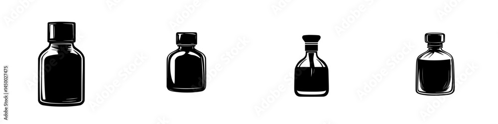 Collection of various black glass bottles arranged in a minimalist style on a white background Collection of various black glass bottles arranged in a minimalist style on a white background