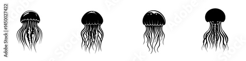 Detailed illustrations of black jellyfish showcasing different shapes and tentacle movements in aquatic environments