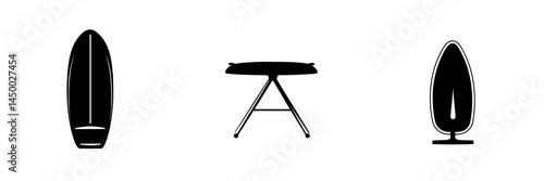 Surfboard and modern furniture arrangement with focus on minimalism in design aesthetics