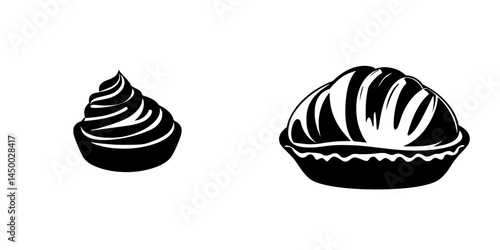 Delicate dessert designs showcasing swirling frosting and a pie on a clean background