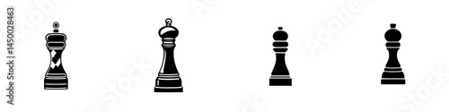 Chess pieces illustrated in black silhouette on a white background showcasing kings and queens from different angles