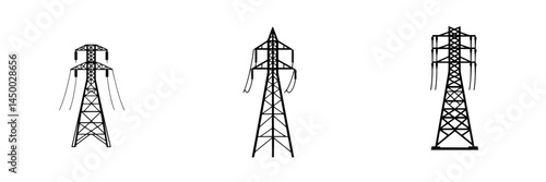 Power transmission towers in a minimalist style showcasing three different designs emphasizing energy infrastructure