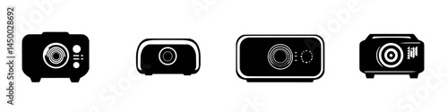 Different models of projectors displayed in a row for comparison in a tech store during daylight