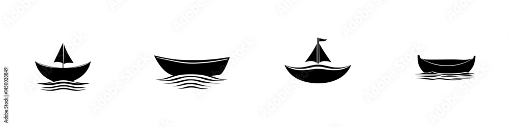 Various styles of minimalist boats floating on wavy water in a simple black and white design Various styles of minimalist boats floating on wavy water in a simple black and white design