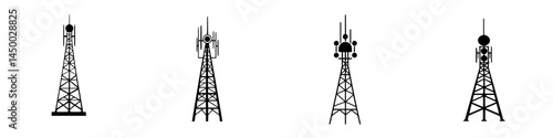 Communication towers shown in various designs and configurations for modern wireless technology