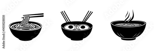 Delicious ramen bowls depicting different styles with chopsticks and steam rising