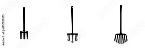 Different styles of garden rakes displayed against a white background illustrating gardening tools and their diverse designs