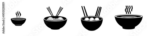Different bowls of steaming noodle soup displayed with chopsticks in various sizes and styles at a dining table