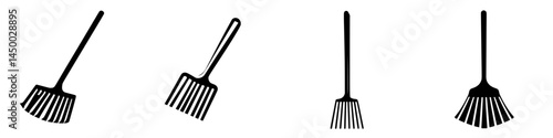 Various silhouettes of garden rakes arranged in a simple and minimalistic design for outdoor activities