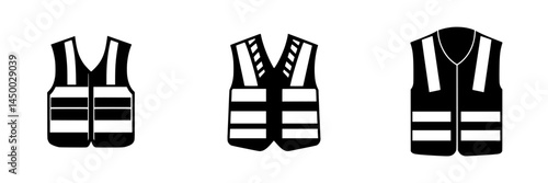 Collection of different black and white safety vests displayed on a white background showcasing varying designs and styles