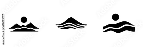 Nature symbols featuring mountains, sun, and waves in a minimalist style, perfect for outdoor enthusiasts and design lovers