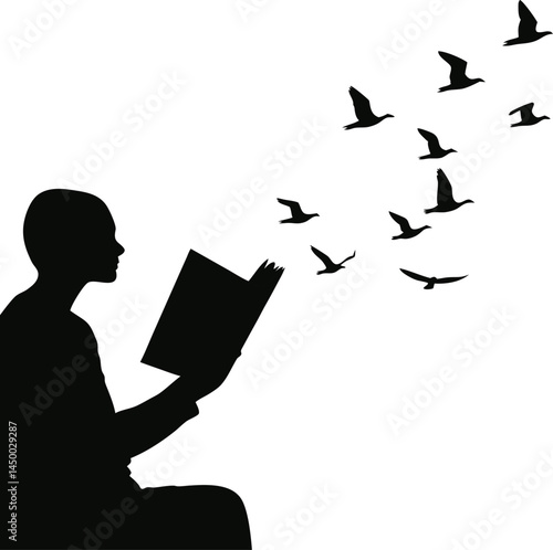 Silhouette of Person Reading as Birds Fly from Pages