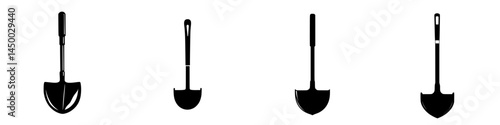 Different types of shovels displayed in a minimalist design, highlighting various styles and shapes for gardening or construction purposes