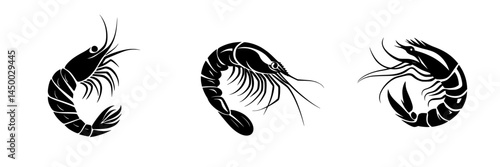 Different types of shrimp are illustrated in black silhouette against a white background showcasing unique features and details