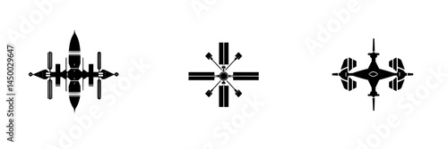 Vector illustrations of various rowboats and paddles arranged in a symmetrical layout