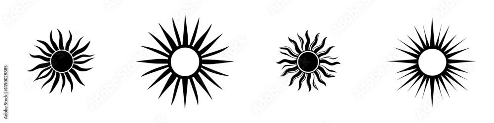 Decorative sun symbols with varying styles in black and white on a light background Decorative sun symbols with varying styles in black and white on a light background