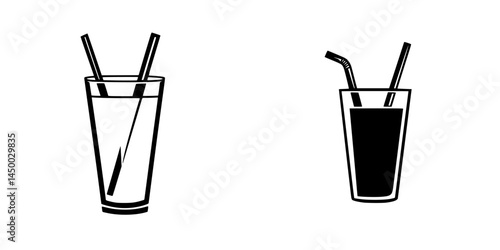 Refreshing beverages in clear and dark glasses with straws on a simplified background design