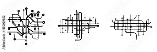 Different styles of urban transit map designs showcasing intersection points and route connections in a minimalist format