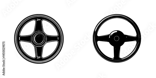 Different types of steering wheels showcased on a white background illustrating design variations