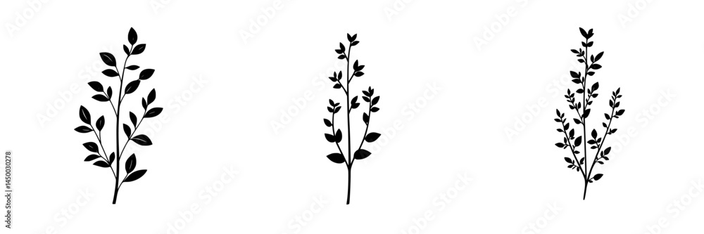 Black silhouette of three unique plant designs with leaves on white background in minimalistic style Black silhouette of three unique plant designs with leaves on white background in minimalistic style