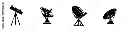 Different types of telescopes and satellite dishes for scientific observation