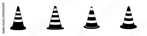 Traffic cones lined up in a row showing distinct black and white alternating stripes at a construction site during daylight