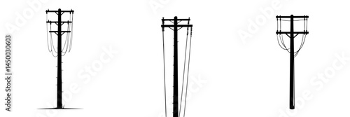 Collection of utility poles illustrating different designs and structures in a minimalist style for educational reference