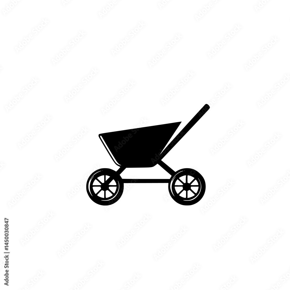 Stroller parked on a sidewalk under bright daylight with clear blue skies Stroller parked on a sidewalk under bright daylight with clear blue skies