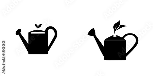 Two black watering cans with green shoots symbolizing growth and nurturing in a minimalist design