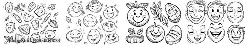 A modern set of kawaii emoji icons and Japanese anime style emotion faces with cute doodle emoticons that have facial expressions