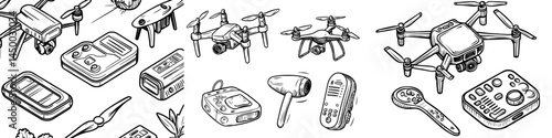 A remote control flying copter equipped with a camera, along with radio controllers for a rotor drone, and an unmanned aircraft drone isolated in an isometric modern set