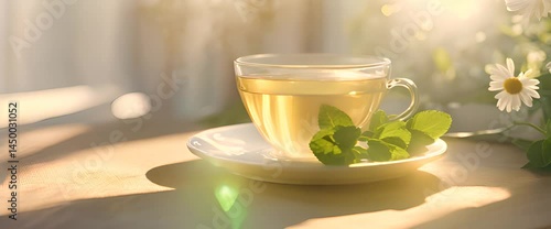 A steaming cup of herbal tea in a delicate porcelain cup, surrounded by fresh mint leaves, chamomile flowers, and slices of lemon