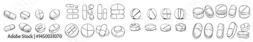 A modern set of pain treatment pills and pharmaceutical drugs, including round white cure pills, aspirin, antibiotics, and painkillers, isolated for display