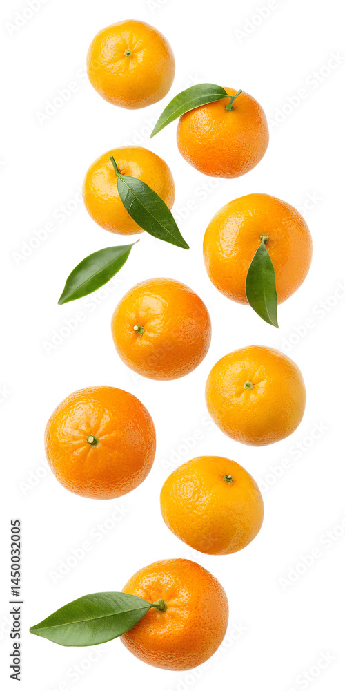 Falling mandarin oranges with leaves isolated on transparent background Falling mandarin oranges with leaves isolated on transparent background