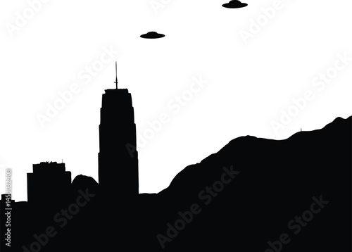 Urban Skyline Silhouette with UFO in Night Sky