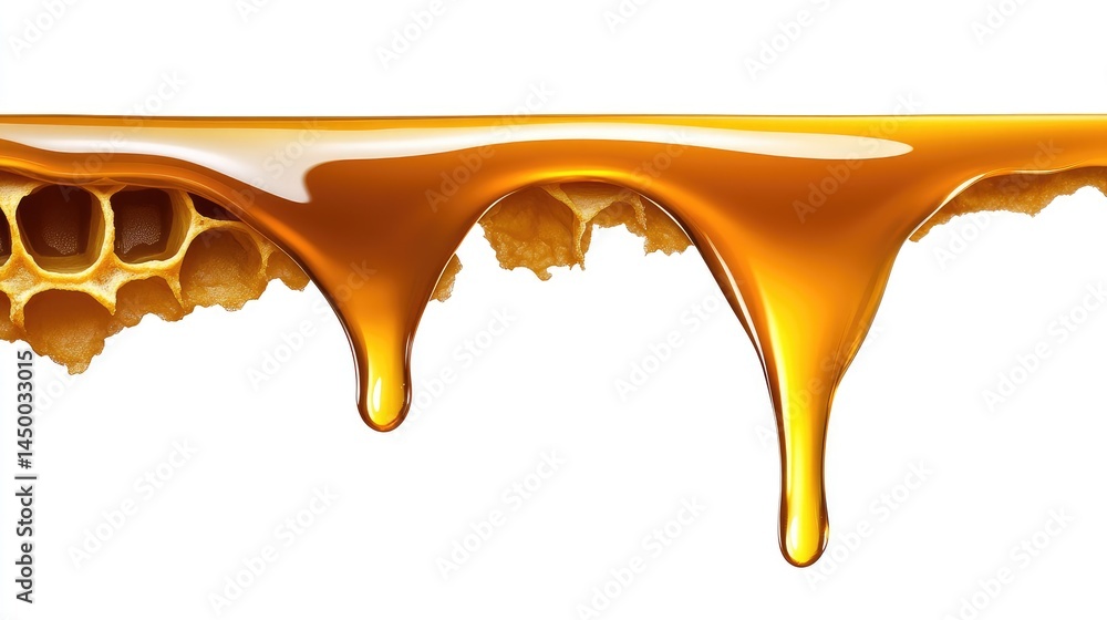 Fototapeta premium Macro shot of a golden honeycomb piece with dripping honey, hyper-detailed clarity on an absolutely white background.