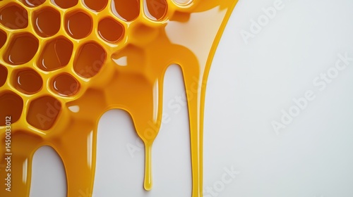 Macro shot of a golden honeycomb piece with dripping honey, hyper-detailed clarity on an absolutely white background.