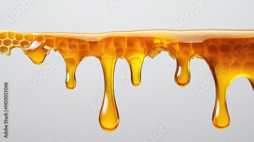 Macro shot of a golden honeycomb piece with dripping honey, hyper-detailed clarity on an absolutely white background.