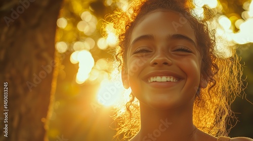 Radiant portrait of a smiling young girl outdoors at sunset, glowing with joy and warmth in natural golden sunlight.
