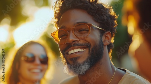 Close-up portrait of a happy, stylish young man with glasses enjoying a sunny outdoor gathering with friends, warm natural lighting.