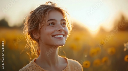 Portrait of a smiling young woman outdoors in soft golden-hour sunlight, radiating joy and natural beauty in a flower field.