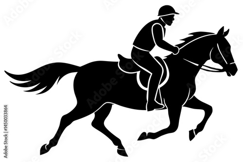 Silhouette of horse and rider on white background facing left equine design, horse, rider, silhouette, equestrian, side profile, horseback riding, animal, sport, vector, design, illustration, black