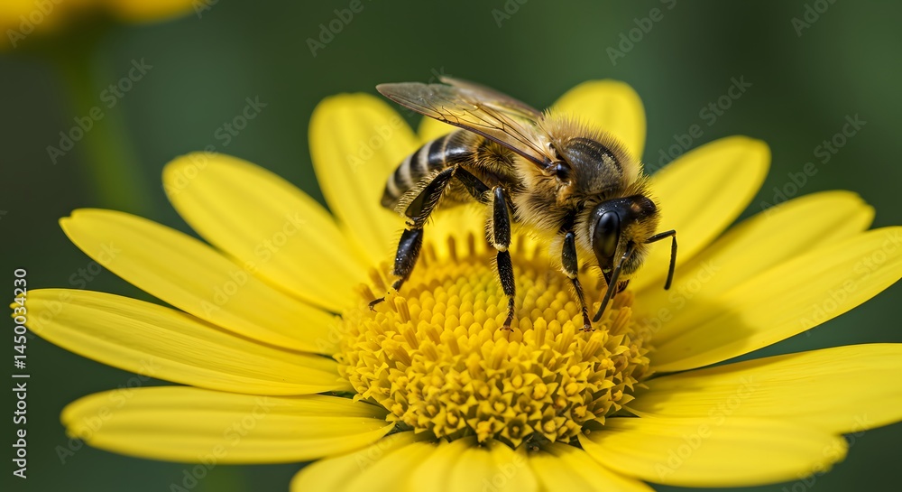 Honeybee on Yellow Daisy: A Close-Up Macro Photograph Honeybee on Yellow Daisy: A Close-Up Macro Photograph